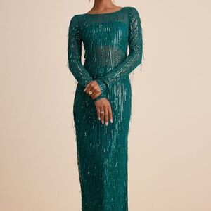 Lulus Sheer Fascination Emerald Sheer Mesh Sequin Fringe Maxi Dress Green